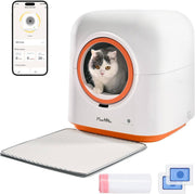 60L smart automatic cat litter box with app control, multi-cat tracking, deodorizing, UV sterilization, and a cat inside the entrance.